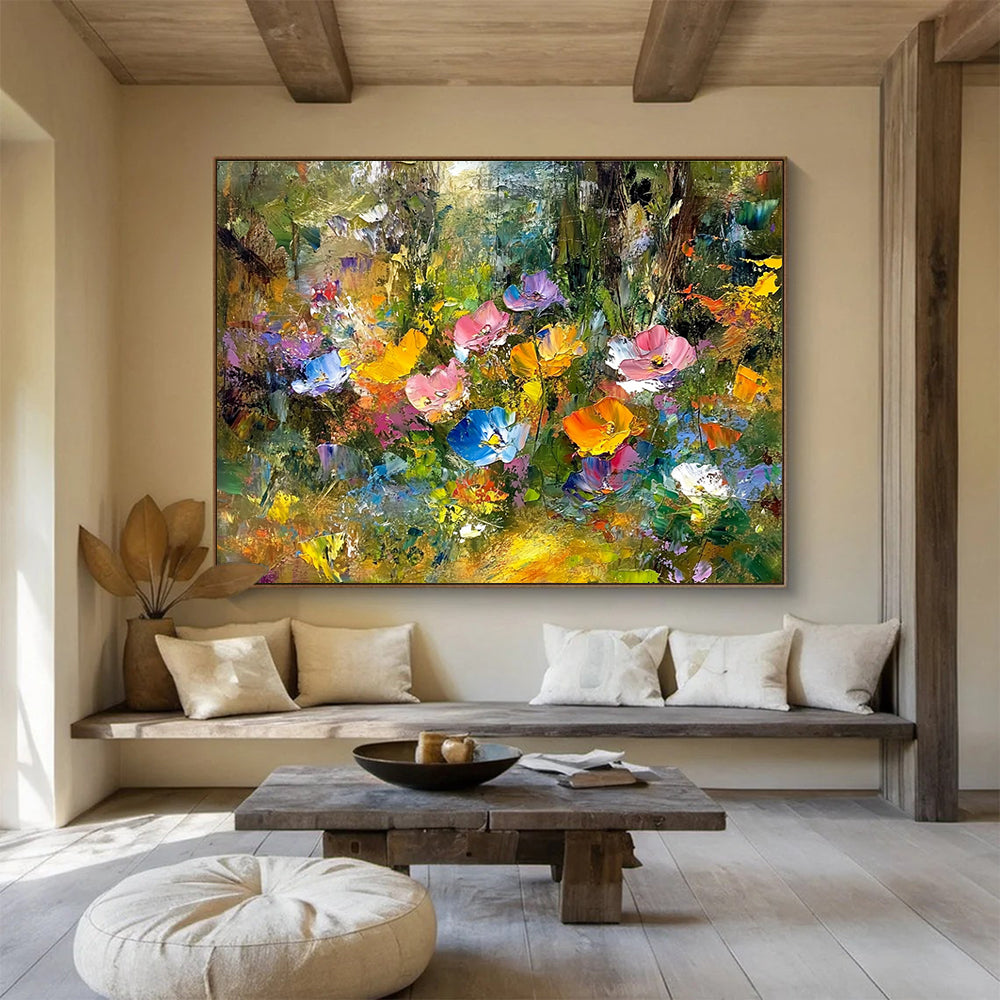 An abstract painting featuring vibrant wildflowers in a forest with expressive colors and blurred background, highlighted by golden foliage and trees.SC401