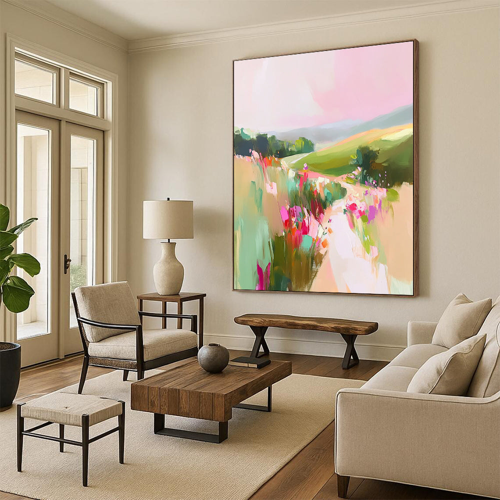 A large abstract painting of English countryside with pastel pinks and greens featuring rolling hills and wildflowers for a romantic tranquil atmosphere.STSC1202