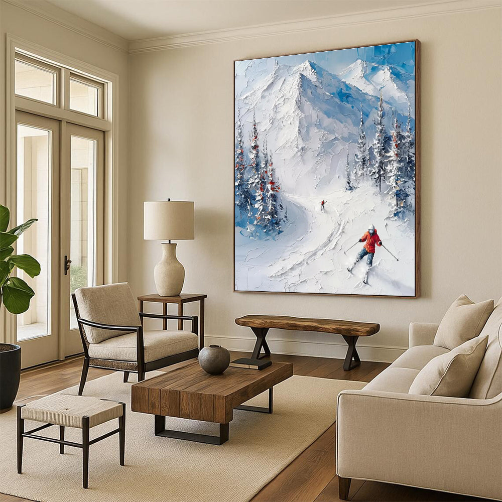 Textured Snow Mountain Ski Scene Abstract Painting with Blue and White ADGE313