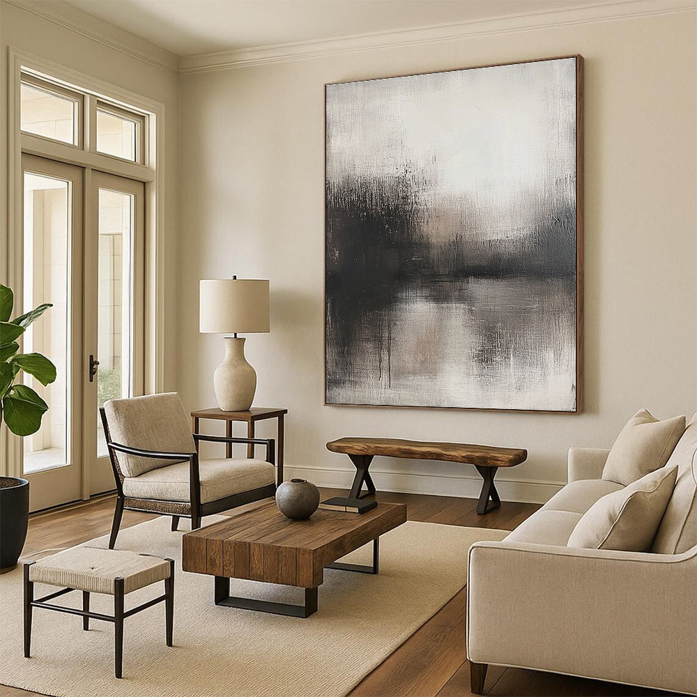 Large abstract painting with faded gray tones minimalist style and a weathered surface in a neutral color palette.STSC085