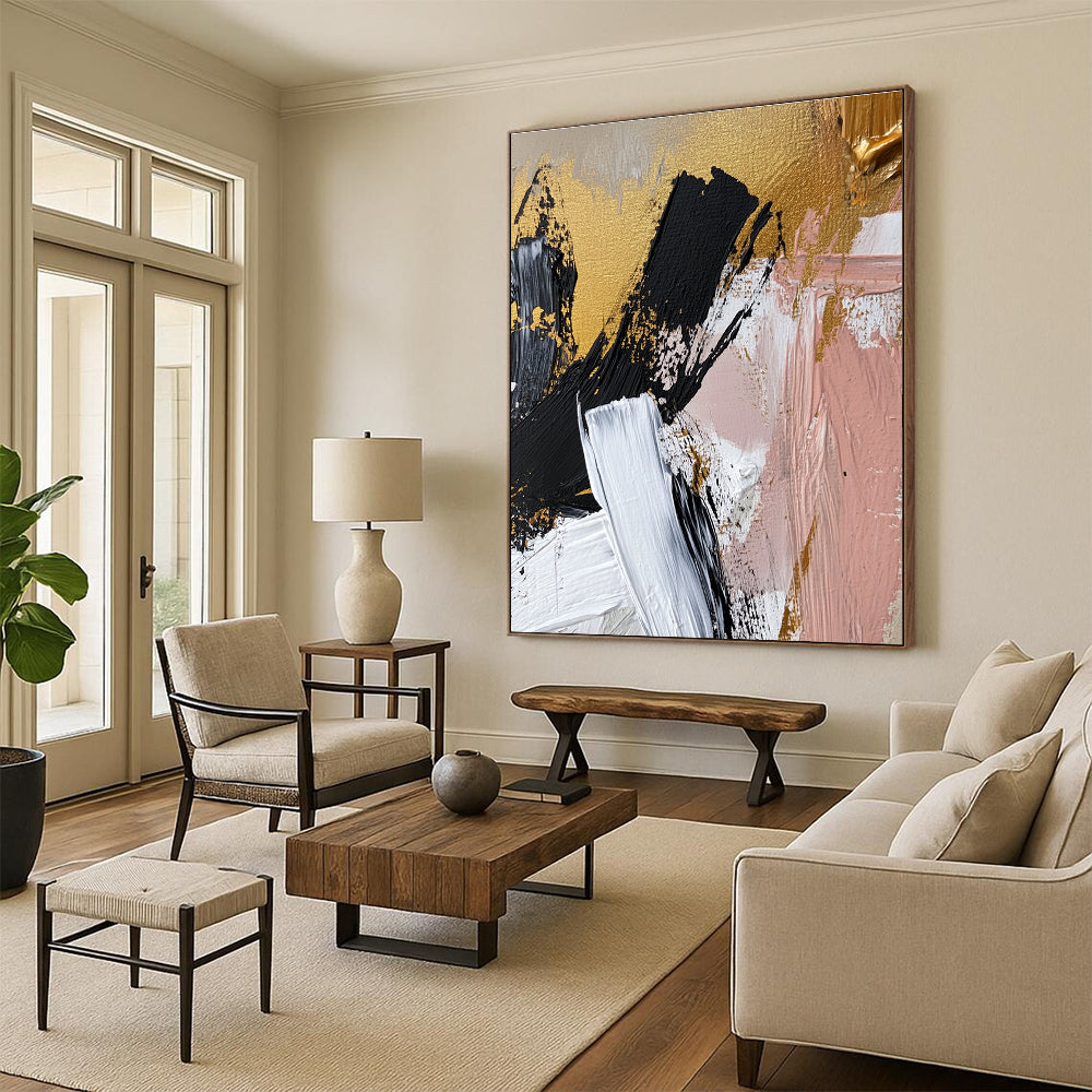 Gold Black Pink and White Abstract Painting with Bold Strokes GER056