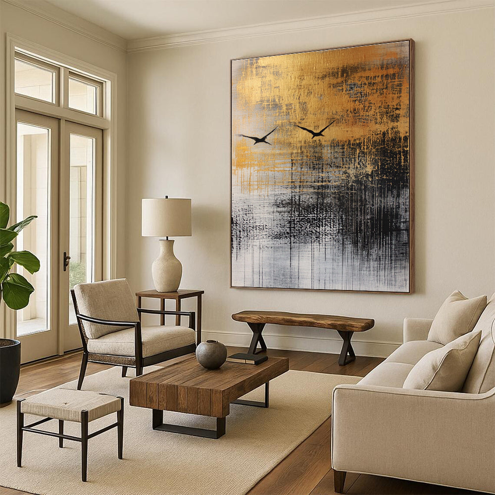 Large abstract painting featuring fluid ink wash techniques, textured materials, and a black bird in flight against a neutral autumnal background.STSC047