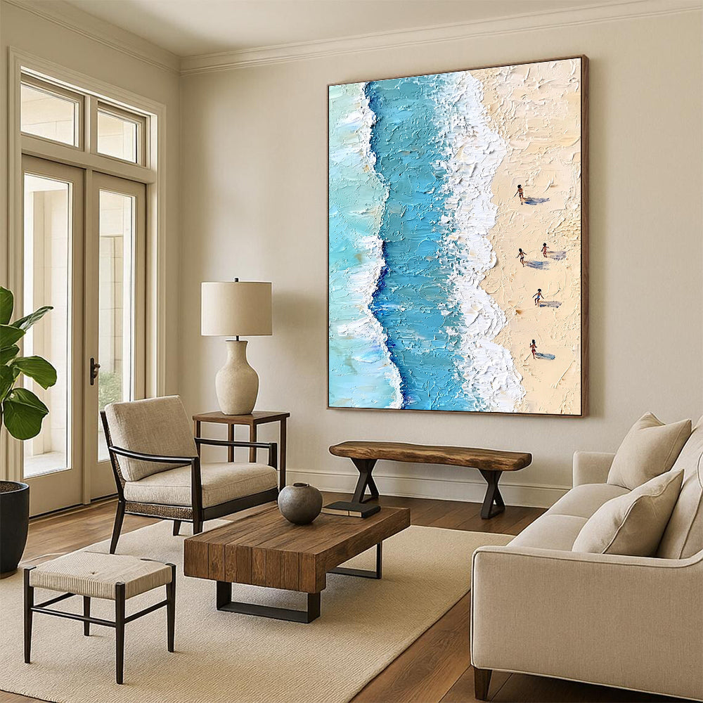 Large Abstract Painting Featuring Soft Pastel Colors Depicting Aerial Beach Scene With People Swimming Ocean Waves And Gentle Sand.STSC854