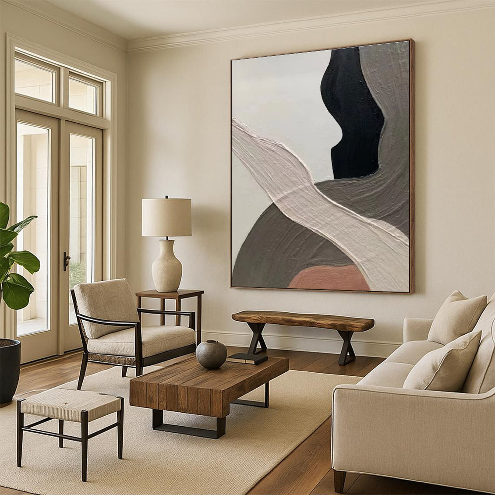 Close - up of Neutral Abstract Painting with Intricate Curves ADGE523