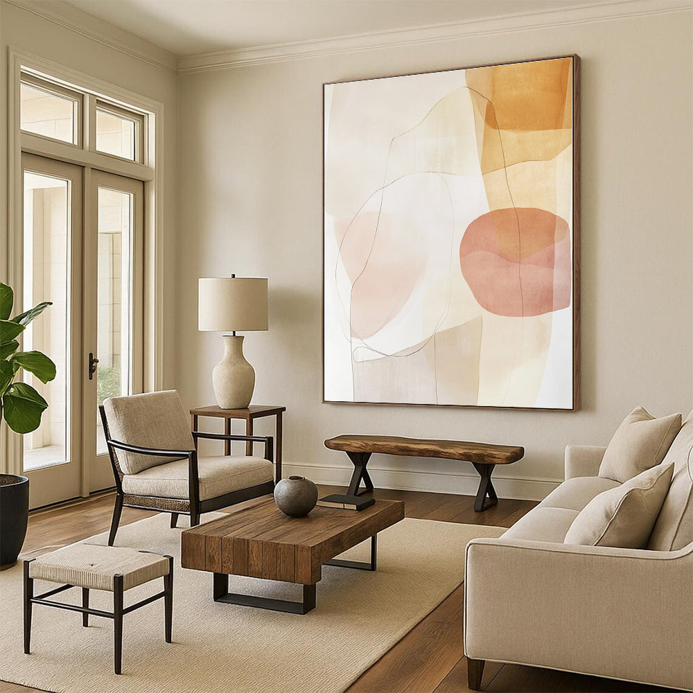 Soft - Toned Beige and Pink Abstract Painting with Delicate Lines GER260