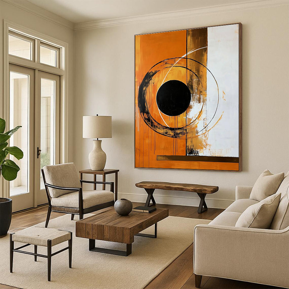Large abstract painting featuring bold circular shapes and a black circle on an orange background with a brown border.STSC1354
