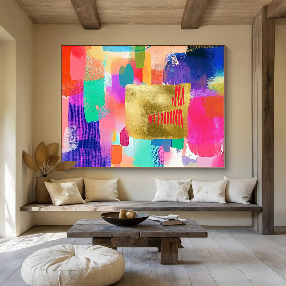 A large abstract painting featuring a golden paper centerpiece with red writing, embellished with colorful pastel brush strokes in pink, blue, green, and more.SC297