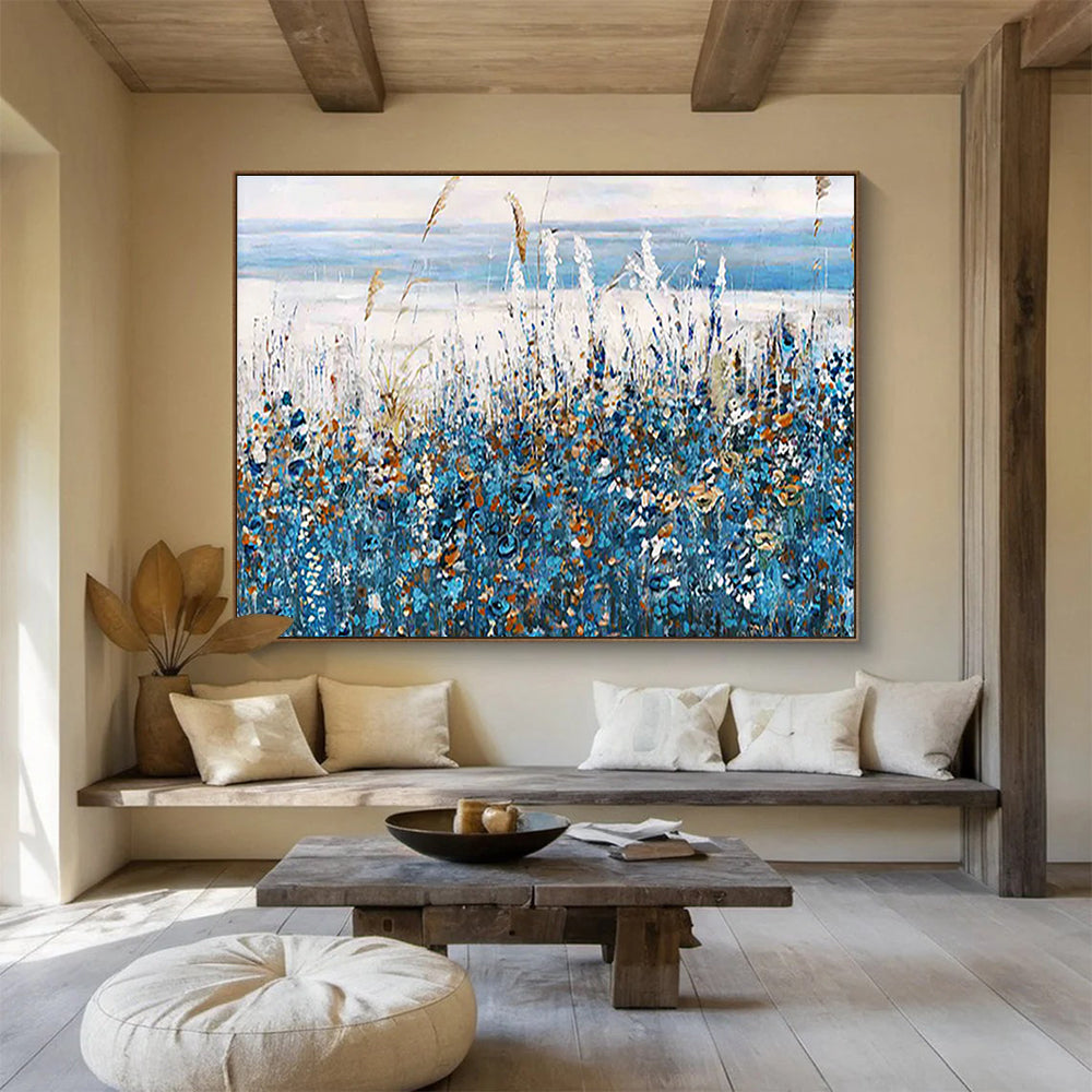 Seaside Wildflower Abstract Painting with Blue, White, and Orange Hues THY203