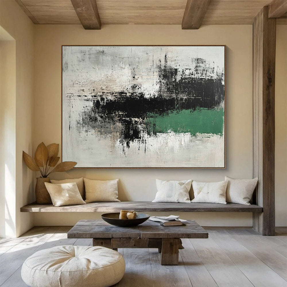 Large abstract painting in gray and green with thick brushstrokes minimalist landscape style and textured calm Zen atmosphere on dark background.SC220