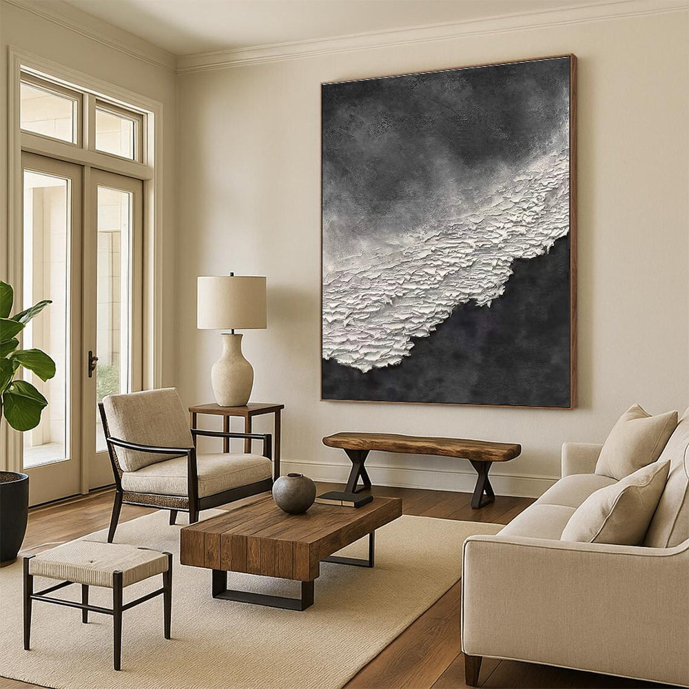 Black and White Textured Abstract Painting with Layered Effects ADGE339