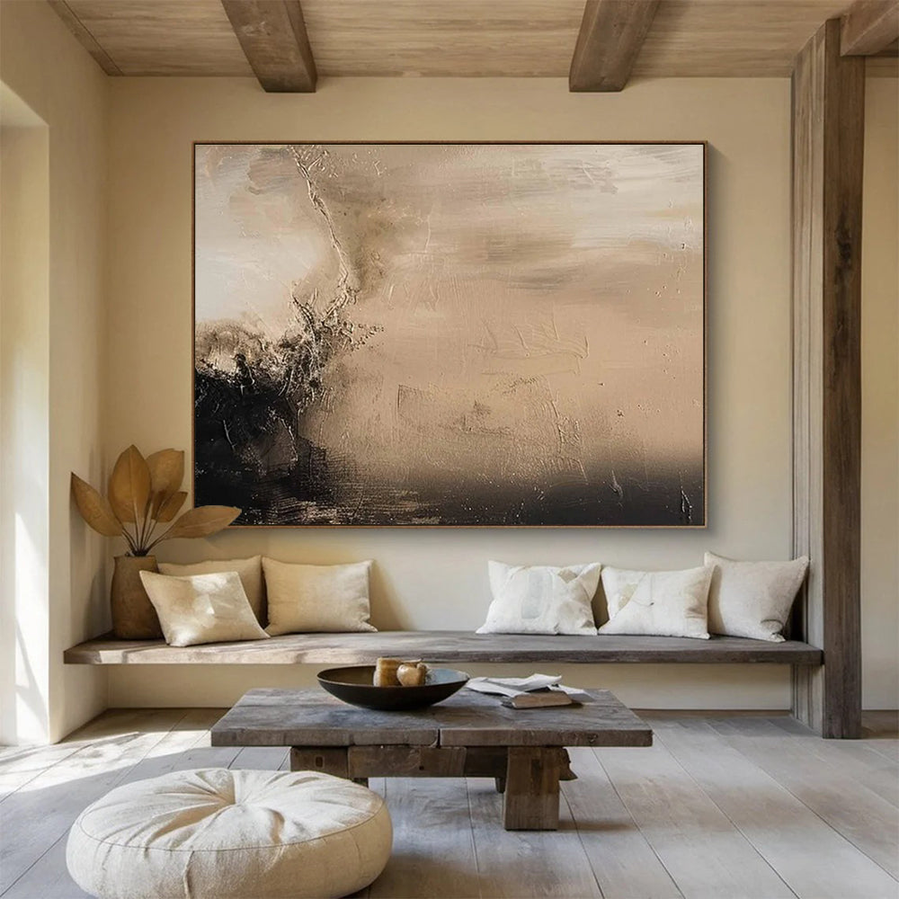 Beige Black Abstract Painting with Subtle, Contrasting Textures THY394