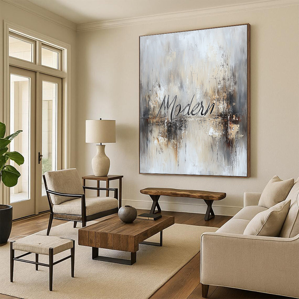 Large abstract painting featuring the word Modern in cursive with muted neutrals and metallic accents for a sophisticated contemporary vibe.STSC816