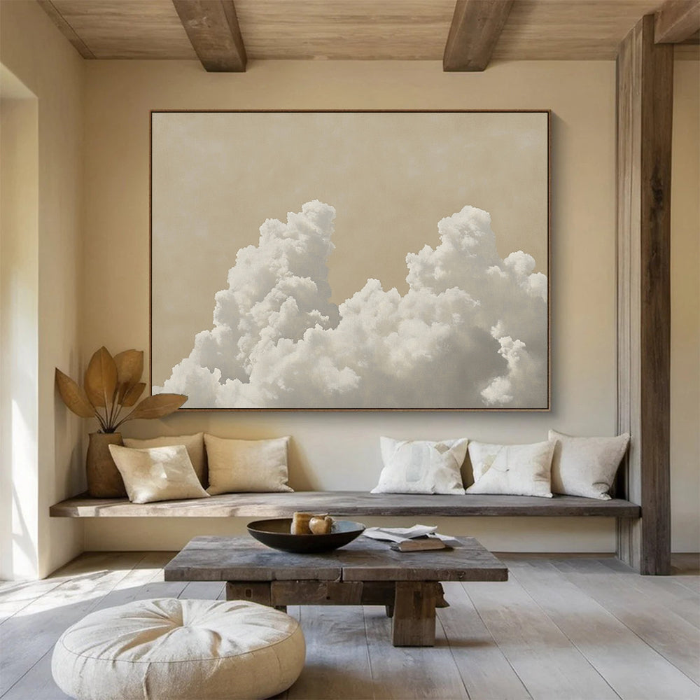 A large abstract painting featuring a cloud of white clouds against a pale beige background with muted colors and ultra-realistic details.SC454