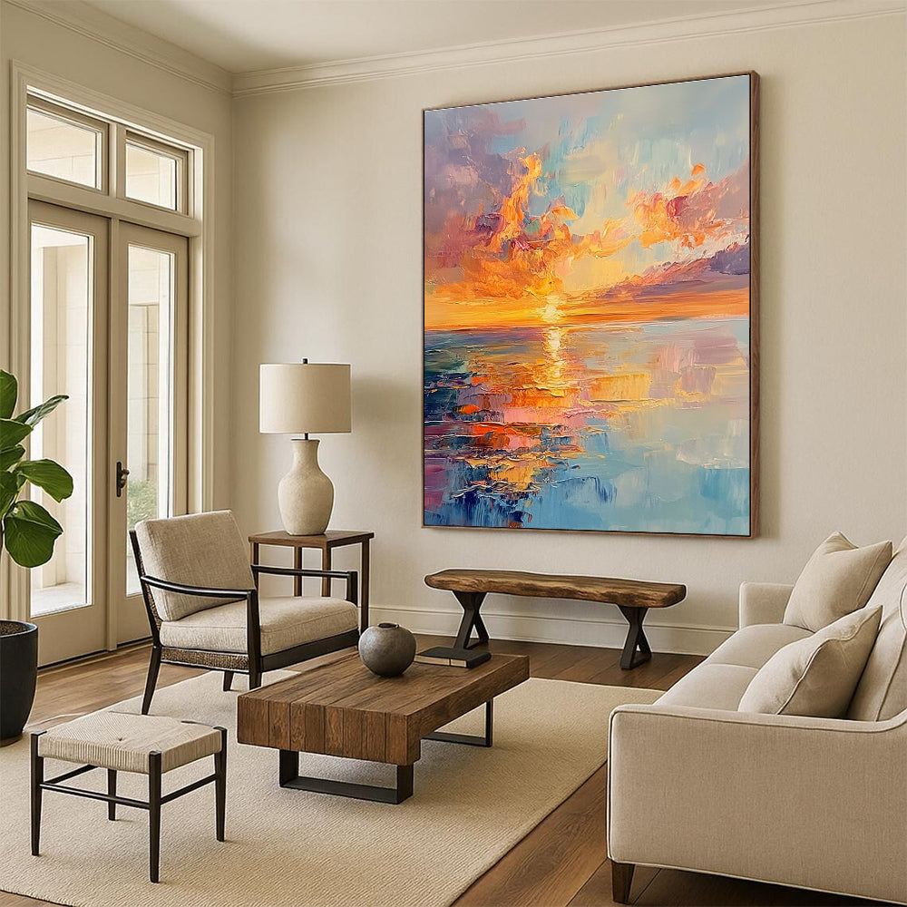 Large abstract painting capturing vibrant sunset colors with reflections on the sea and a distant horizon in an expressive style.STSC893