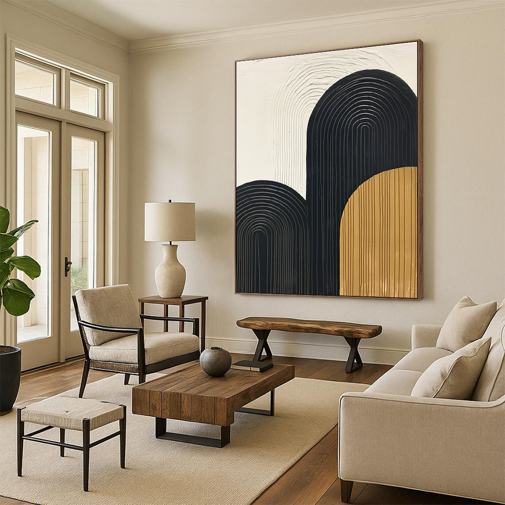 Large abstract painting with thick black lines simple shapes and textured mustard yellow accents on a white background. Modern vintage style artwork.STSC570