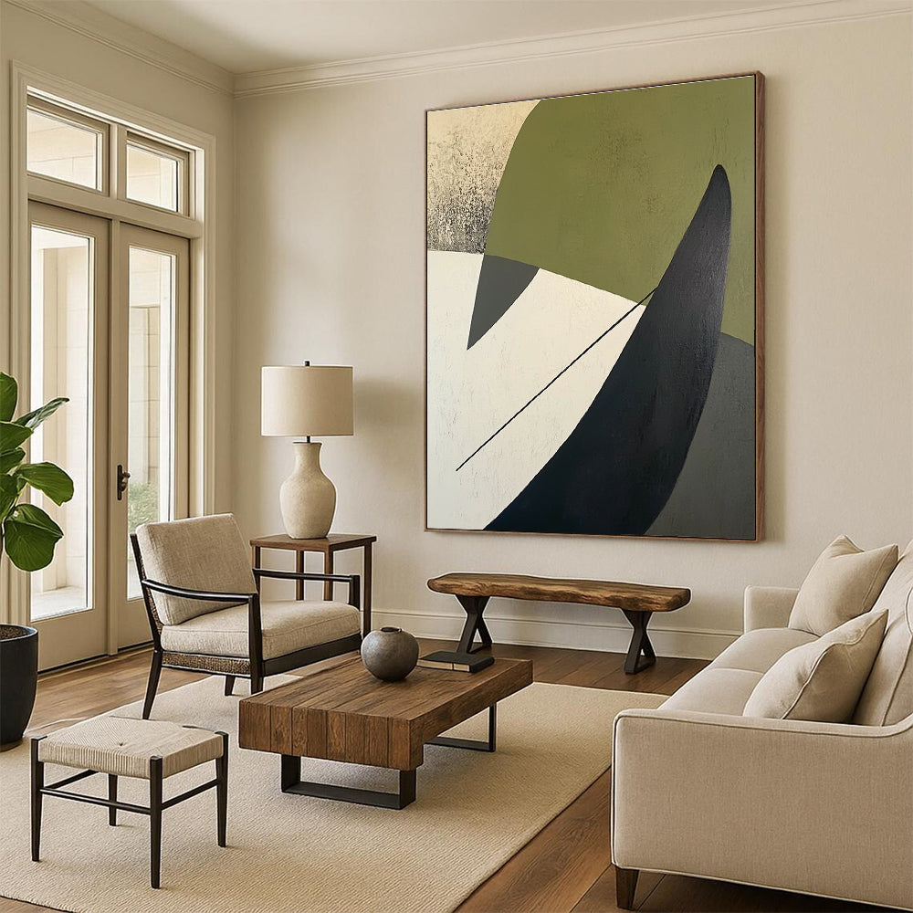 A large abstract painting featuring green white and black shapes on a beige background with a dark gray arrow-like line on the left side.STSC684