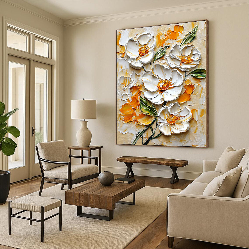 Large abstract painting of white flowers with orange and yellow accents on a beige background in impasto style with intricate details.STSC1397
