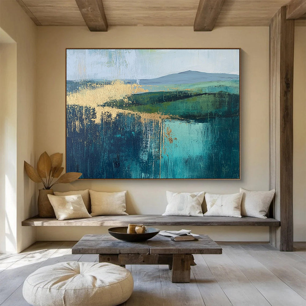 Large abstract painting featuring vibrant greens and blues with gold foil accents inspired by [Artist name].SC315
