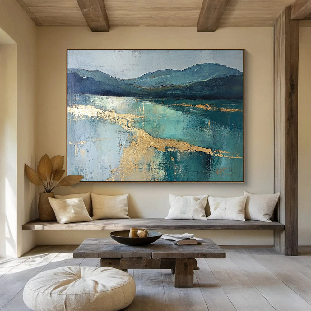 Blue Mountain Lake Gold Abstract Painting with Metallic Highlights DYP266