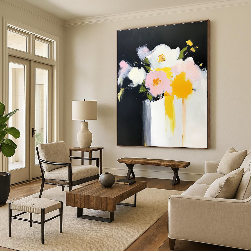 Large abstract oil painting of flowers in a vase with bold strokes in yellow and pink against a white background.STSC183