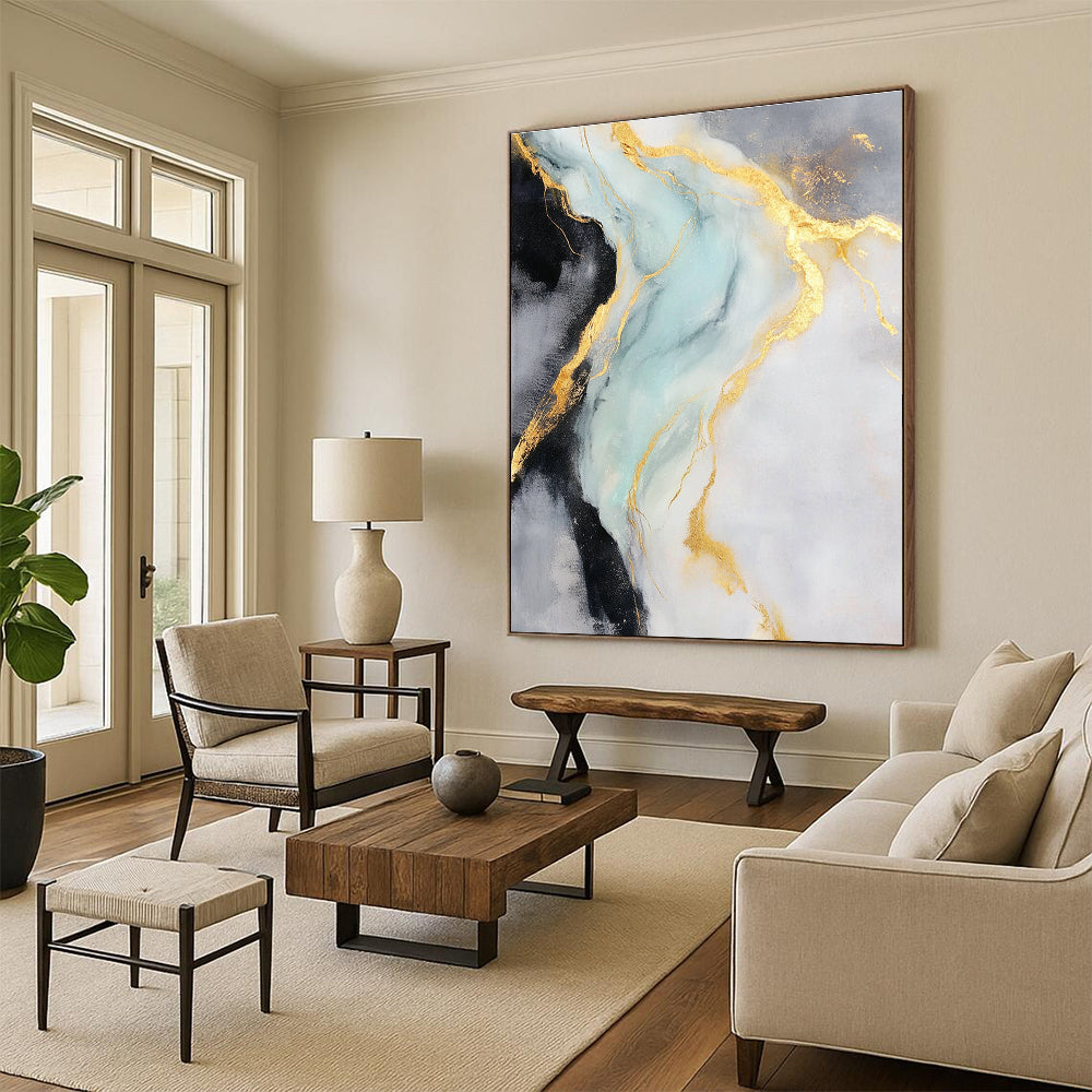 Gold Blue Gray Abstract Painting with Flowing Gold Lines GER740