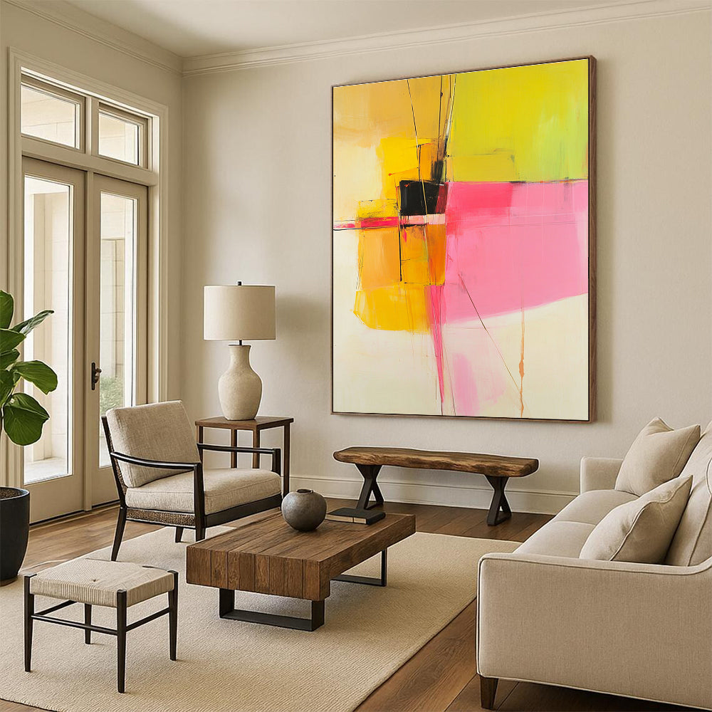 Yellow Pink and Black Abstract Painting with Geometric Forms GER692