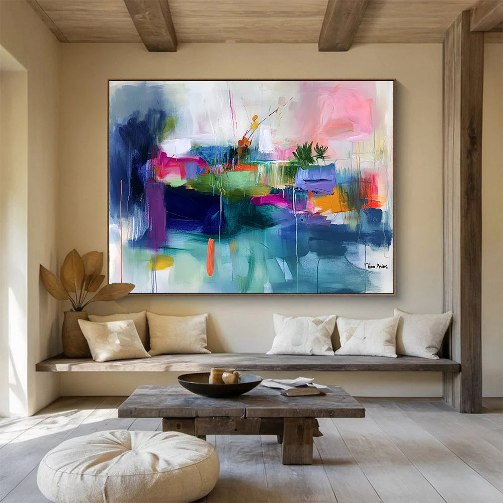 Large abstract painting featuring an island with vibrant brush strokes in pink green blue orange and more, emphasizing lively colors and fluid lines.SC372