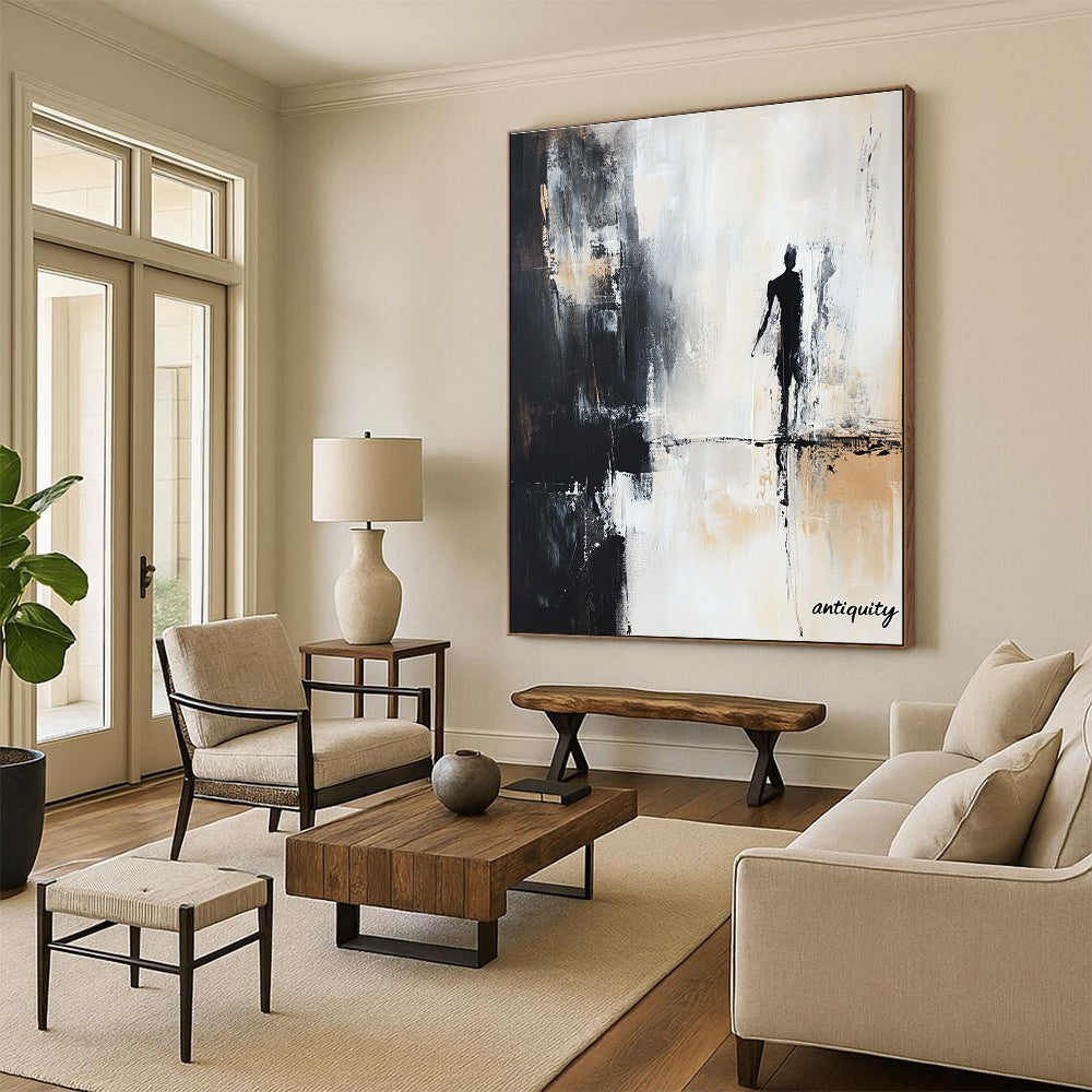 Large abstract painting featuring the text nostalgia in black white and gray tones with a shadowy figure and antiquity in the corner.STSC709
