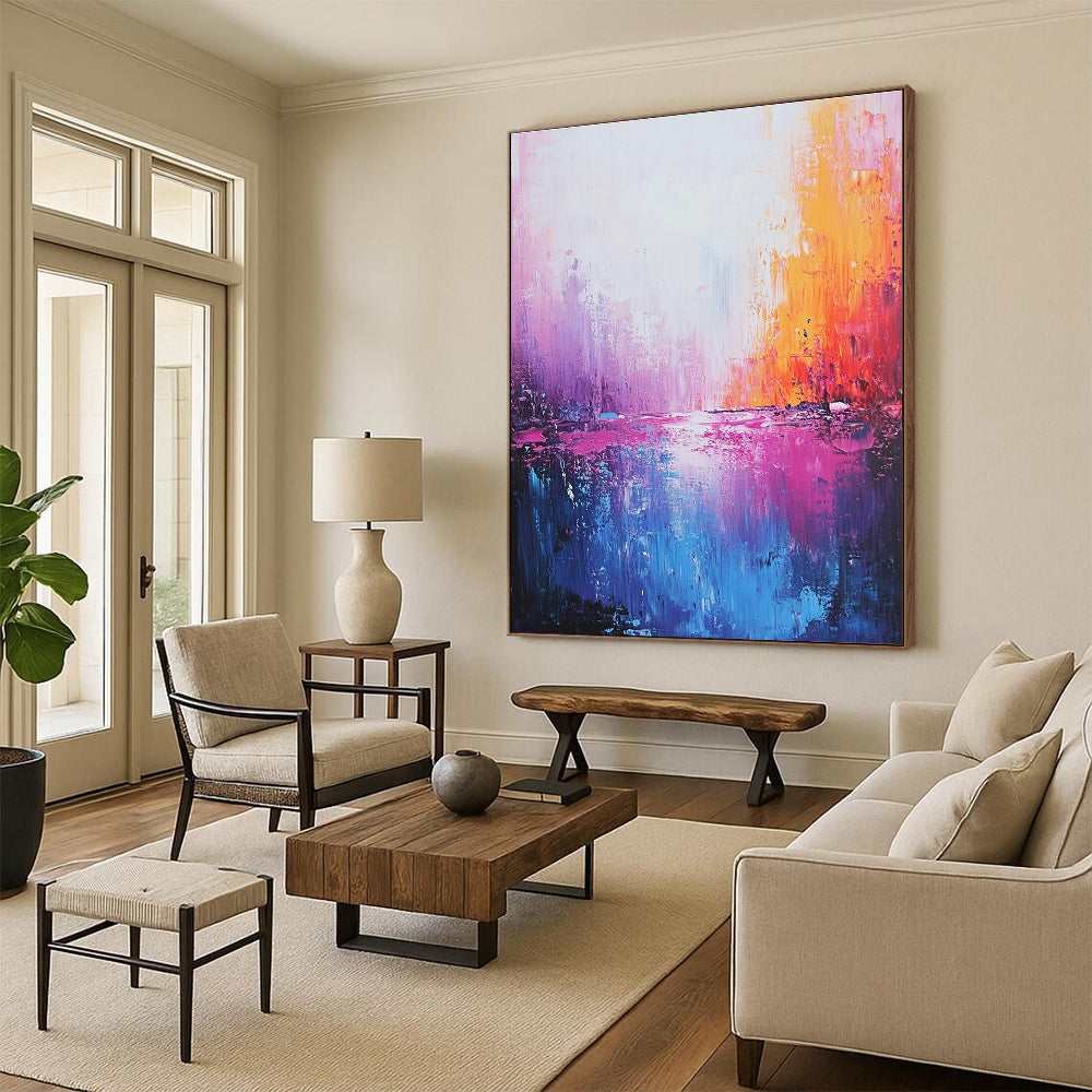 Large abstract painting of the sea in light pink dark blue and purple with meticulous brushwork and dreamy quality creating a romantic atmosphere.STSC345