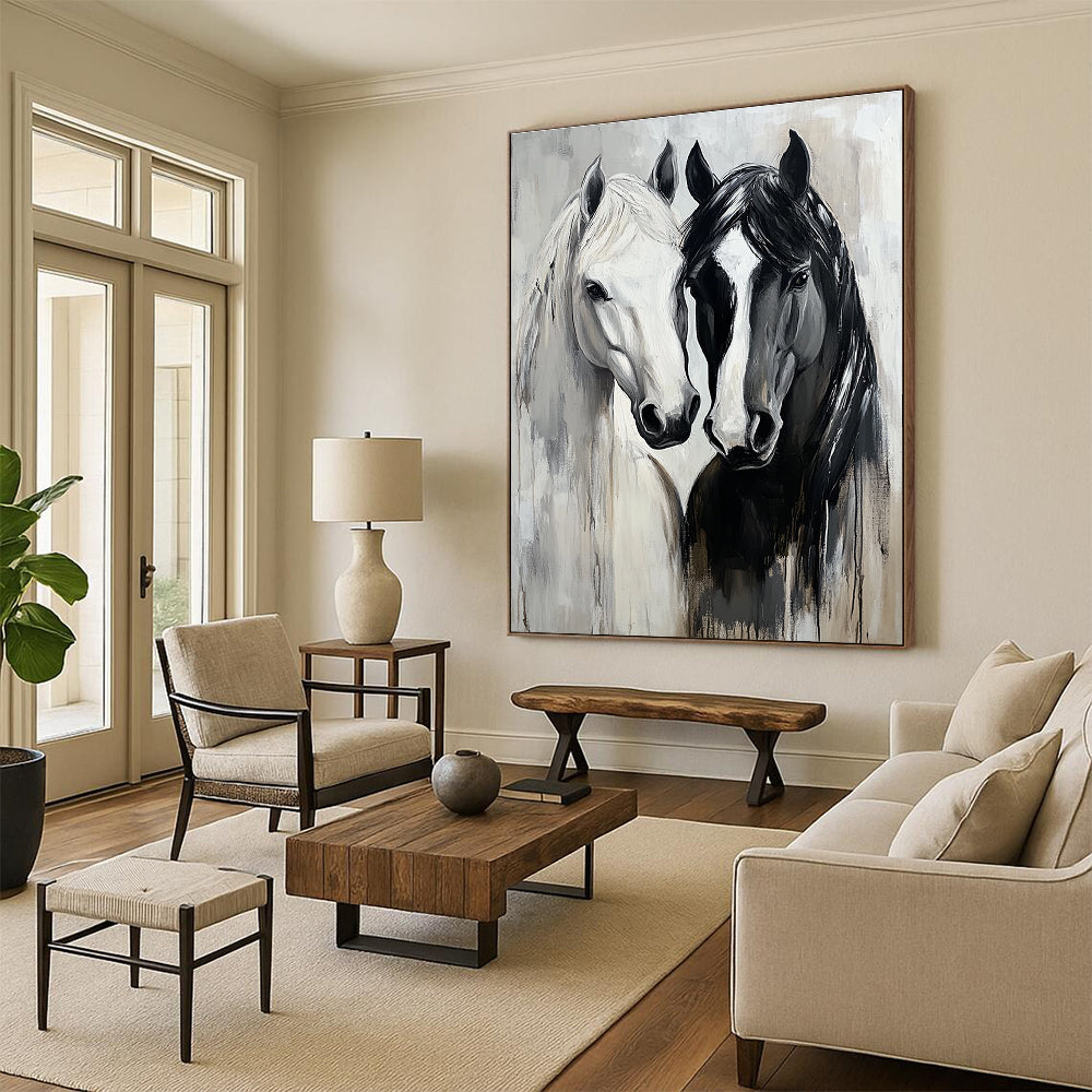 Abstract oil painting of black and white horses embracing with expressive brushstrokes and soft gray tones highlighting their fur texture and connection.STSC1388