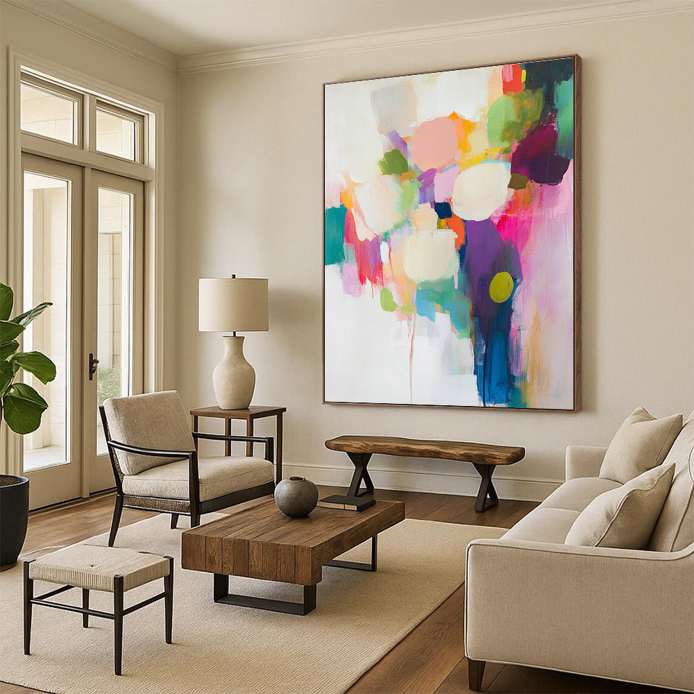 Large abstract painting featuring vibrant brush strokes on a white background with soft colors and dynamic composition in light pink turquoise blue and lime green.STSC761