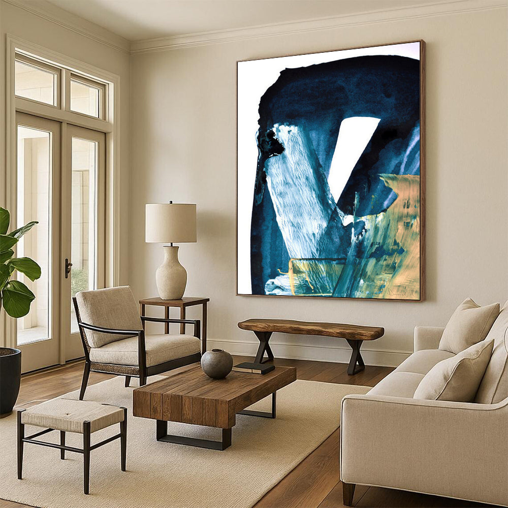 Blue and Gold Abstract with Textured Layers Painting ADGE190