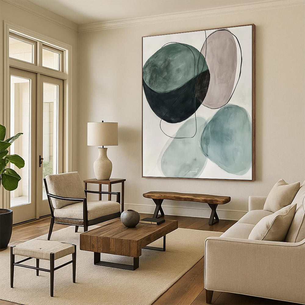 Green Beige Abstract Painting with Minimalist Forms GER734