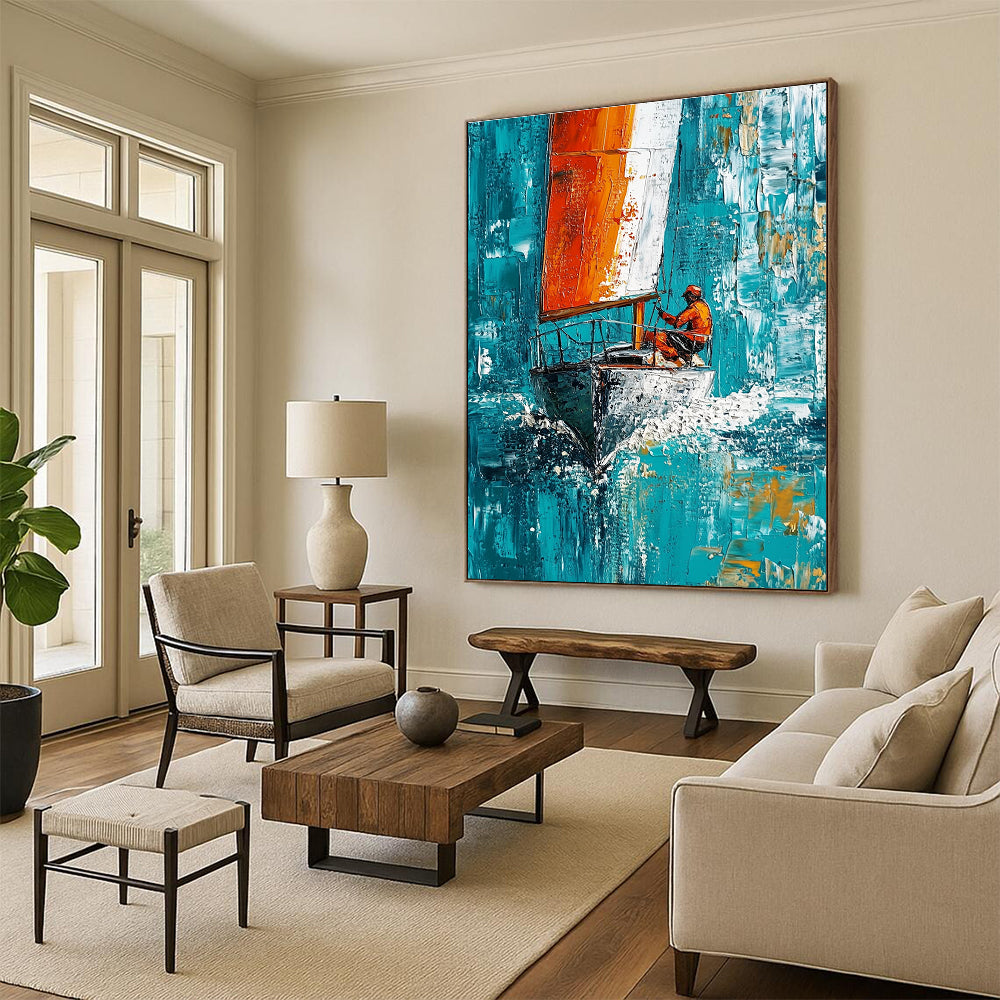 Large abstract painting featuring a sailboat with white and red stripes sailing swiftly on turquoise waters under a blue sky.STSC1418