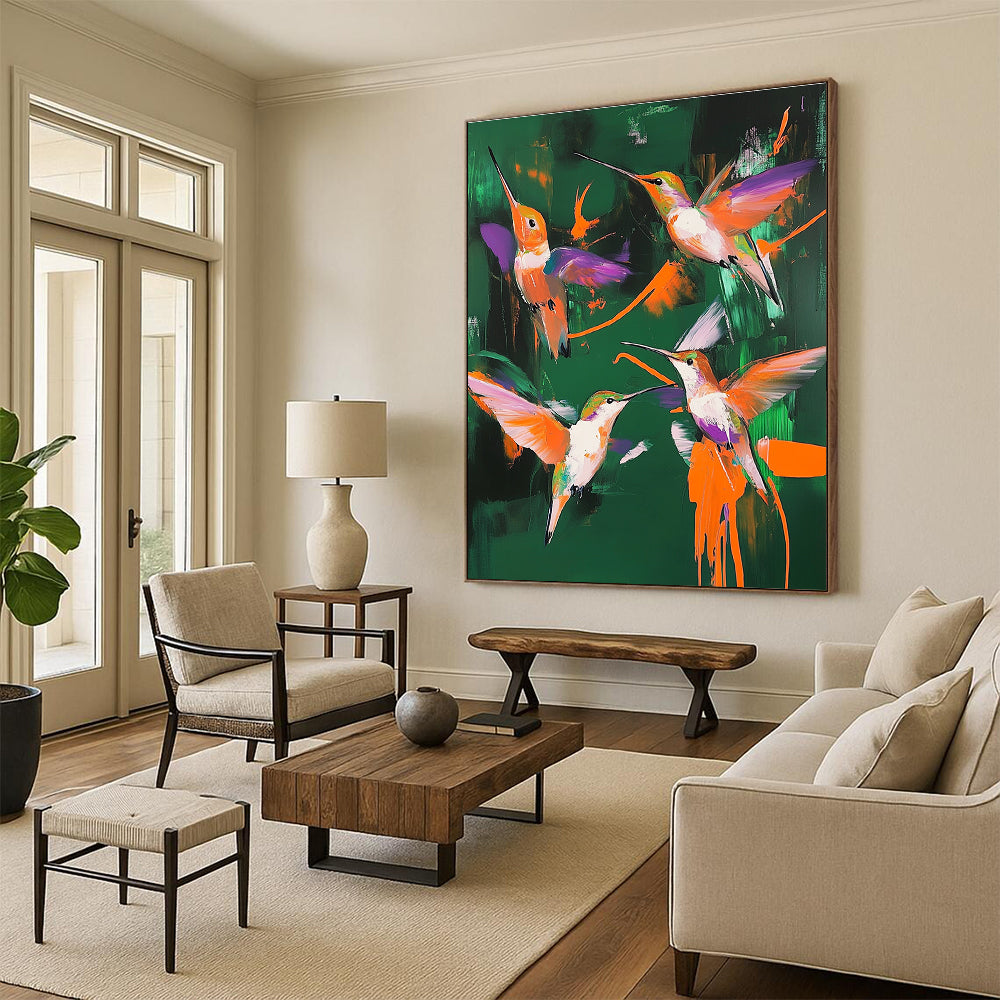 Large abstract painting featuring hummingbirds in vibrant colors with dark green background and bold brush strokes, inspired by Dorothea Tanning's surrealistic style.STSC1014