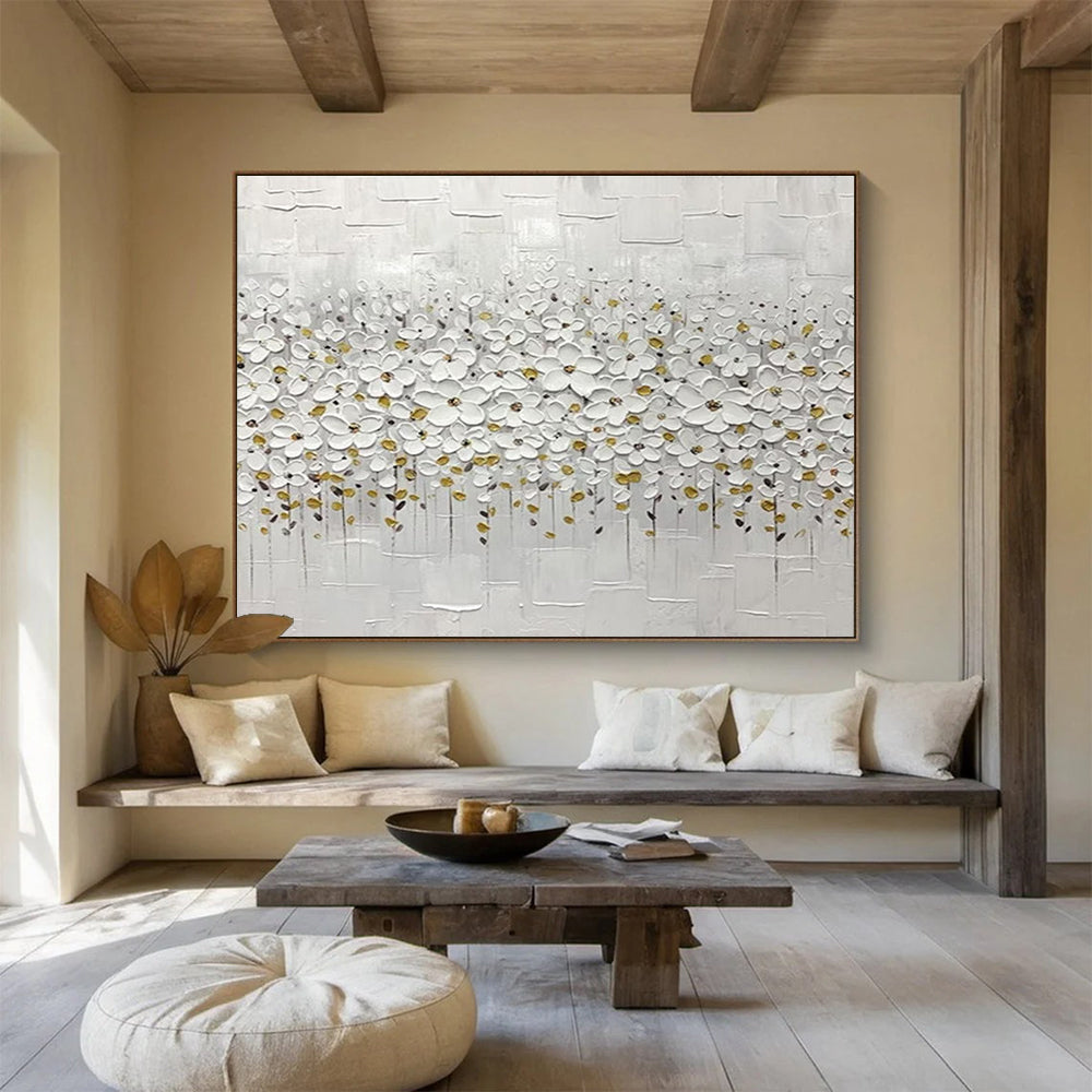 White Flower Field Abstract Painting with White, Gold, and Grey Tones THY214