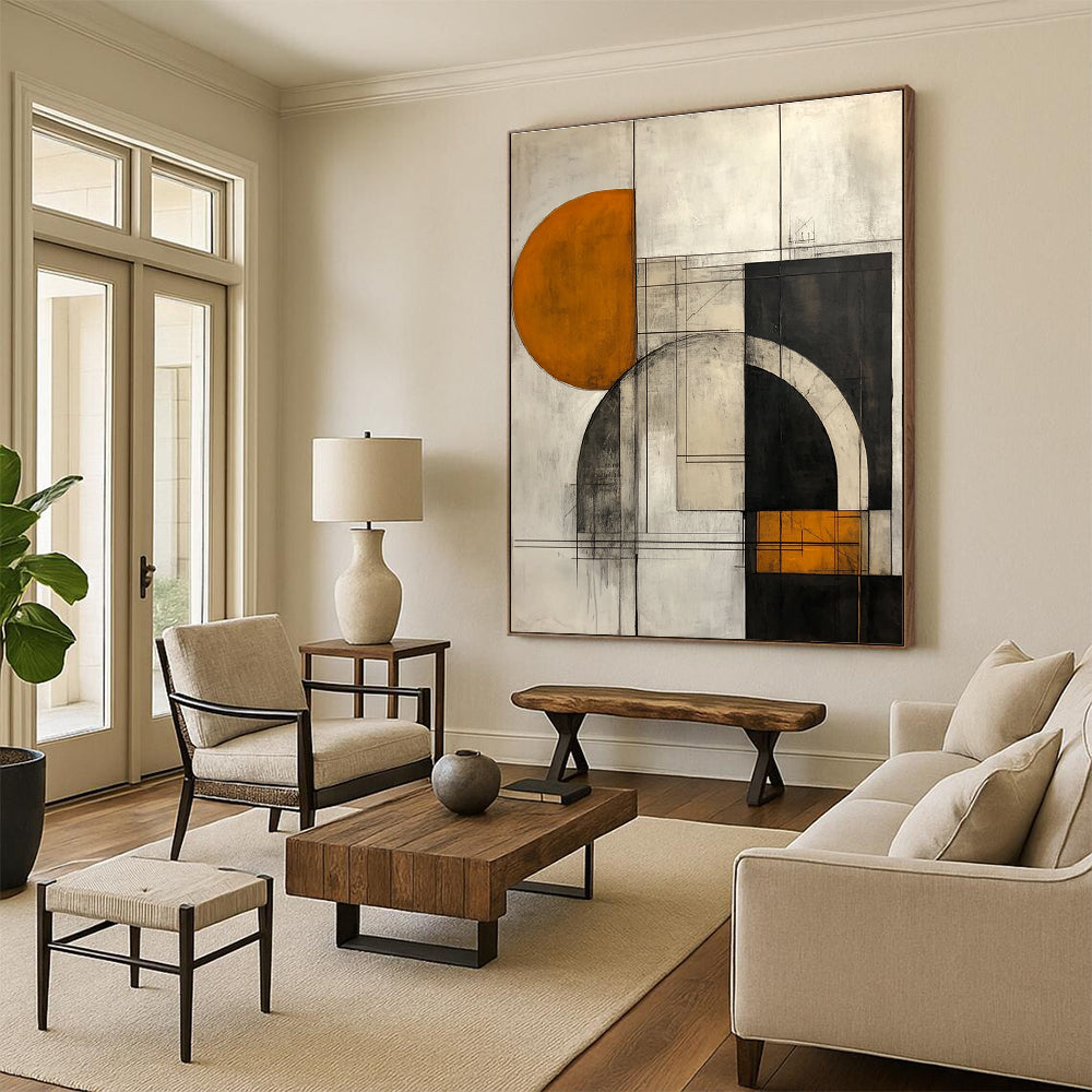 Large abstract painting featuring geometric shapes in gray mustard yellow and copper with architectural elements on a white background.STSC754