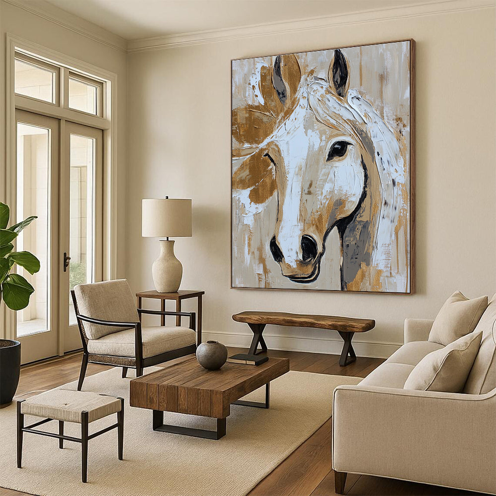 Abstract horse face in beige and white with gold accents reflects rustic farmhouse charm in a detailed expressive painting.STSC073