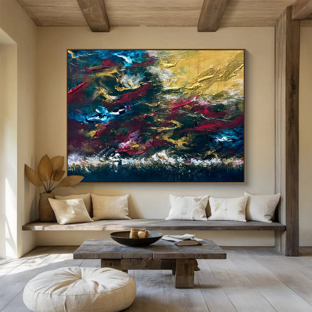 Blue Gold Red Abstract Painting with Rich, Passionate Tones THY383