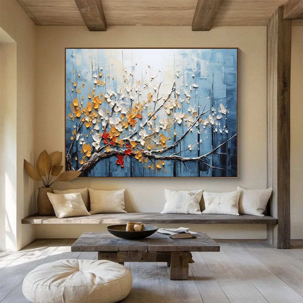Textured Tree Abstract Painting with Blue, White, and Yellow Tones THY160