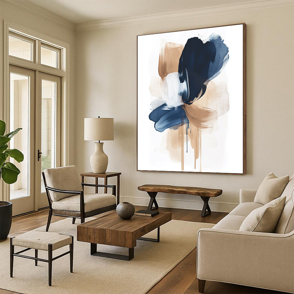 Large abstract painting featuring calming brushstrokes in navy blue and beige on a white background creating emotional shapes and a sense of balance.STSC1325