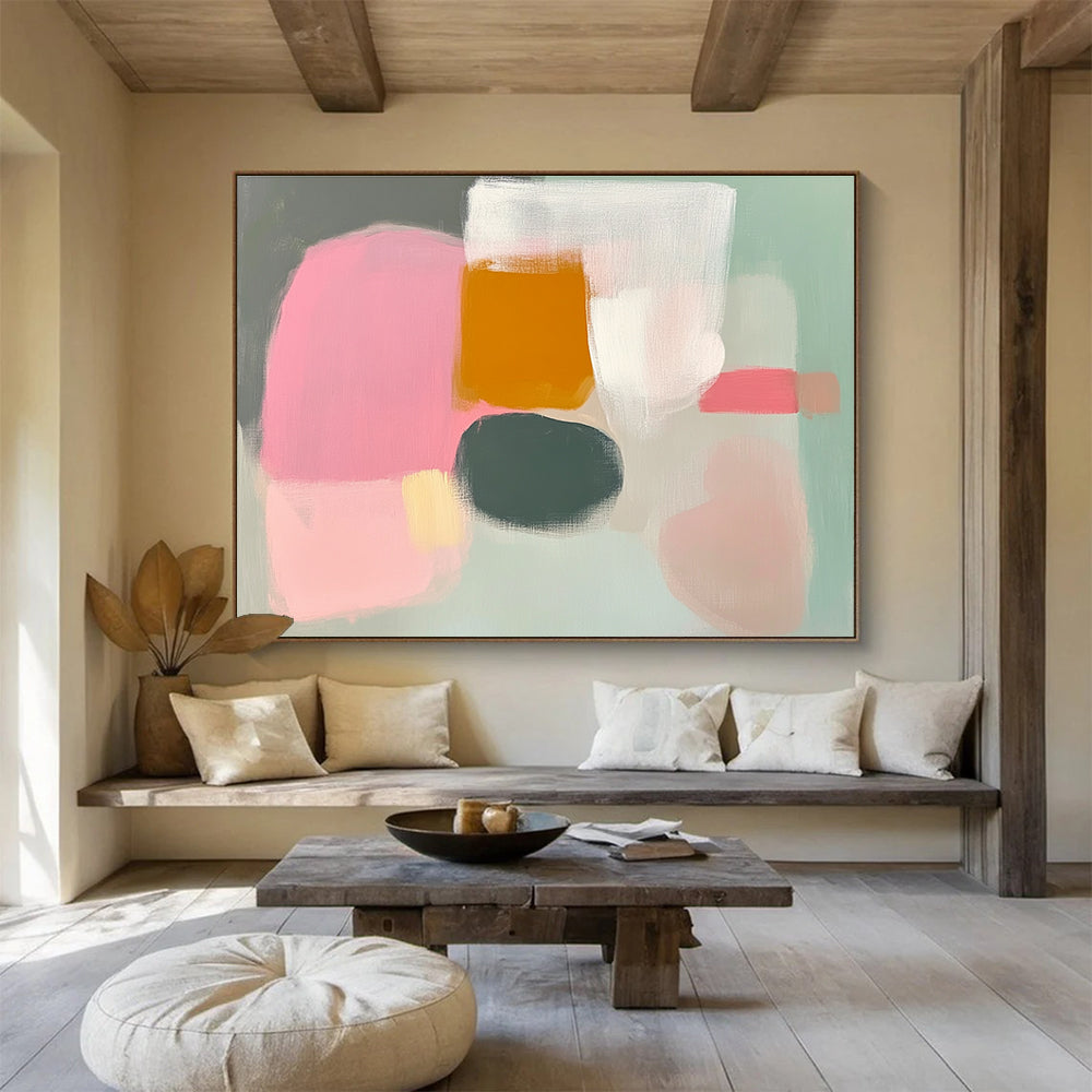 Large abstract painting in pink grey and white with loose brushwork soft pastels and negative space inspired by Etel Adnan.SC380