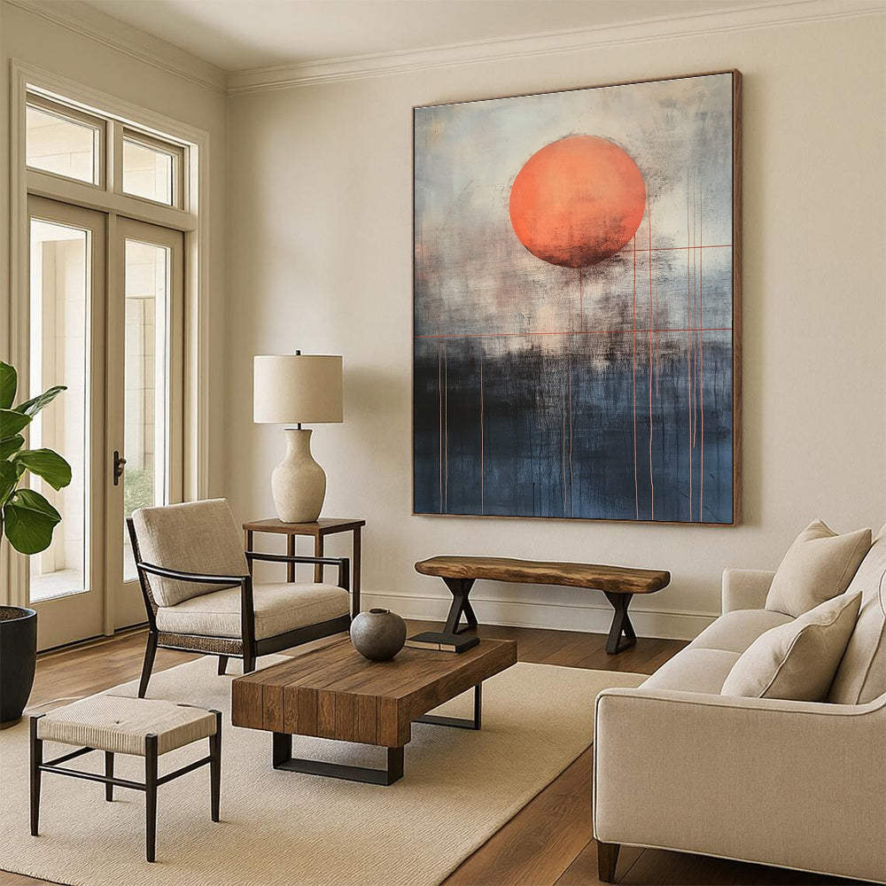 Large abstract painting featuring a mysterious orange sun above dark gray and light blue background with red lines evoking calmness and inner power.STSC1138