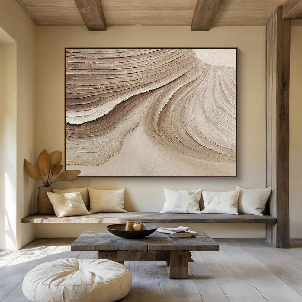 Beige Textured Abstract Painting with Natural, Sand - Like Patterns THY398
