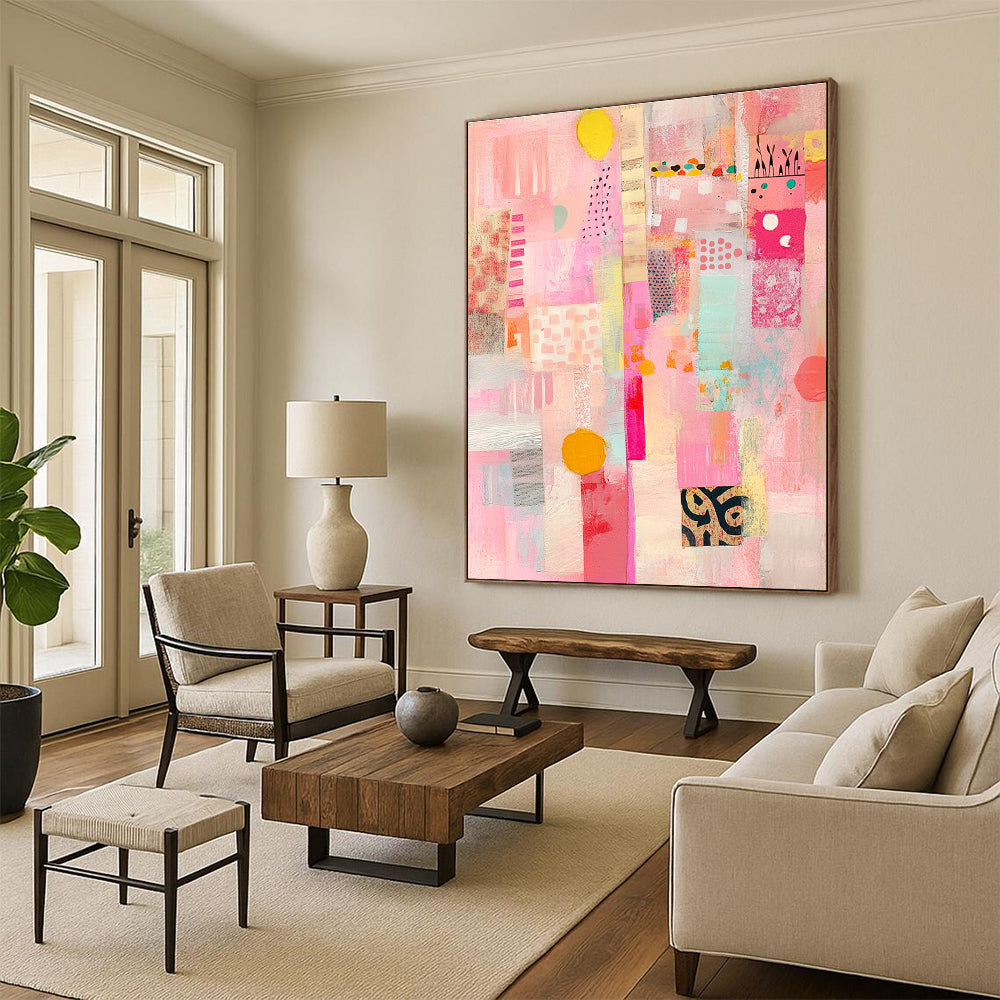 Large abstract collage artwork featuring pastel colors vintage shapes and textured layers for a unique mixed media experience.STSC1309