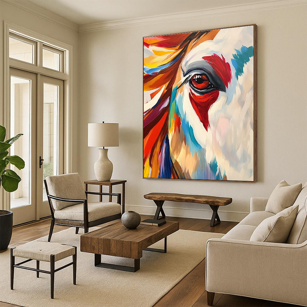 Large abstract painting featuring an Indian horse with vibrant colors bold brushstrokes and dynamic patterns showcasing strength elegance and intricate fur textures.STSC846