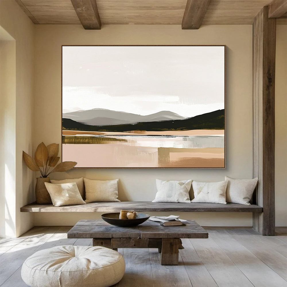 Large abstract painting in muted colors and neutral tones with thick brush strokes inspired by the Scottish Highlands on a beige background.SC081