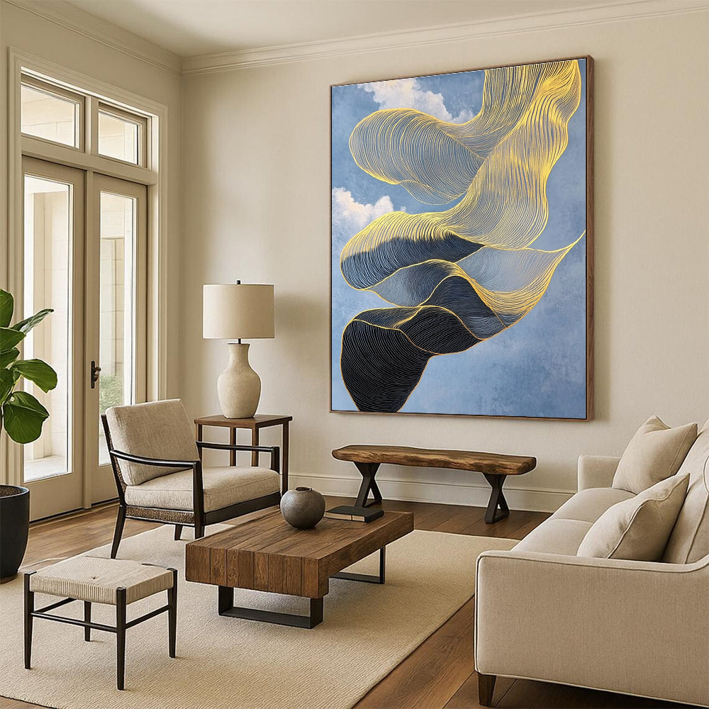 An Abstract Artwork Featuring An Elegant Gold And Black Scarf Floating Against A Crisp Blue Sky With Intricate Details And High Contrast.STSC1283
