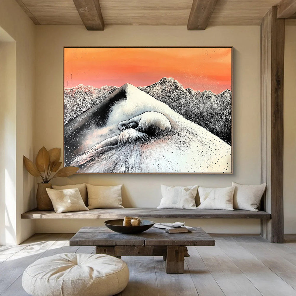 An abstract painting featuring a black and white figure on an icy mountain at sunset with another frozen figure in front.SC569