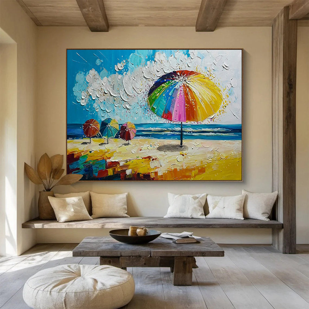 Beach Umbrella Scene Abstract Painting with Bright Coastal Colors THY310